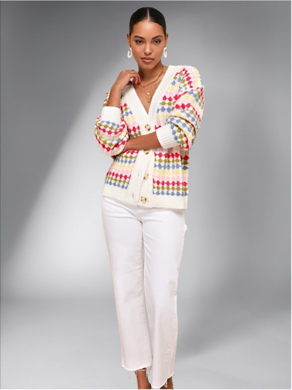 Lulus “Cuddly Instinct” Ivory Multi Striped Long Sleeve Cardigan Sweater